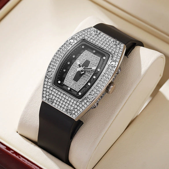 Women's Alloy And Stainless Steel Barrelshaped Diamondencrusted Quartz Fashion Watch