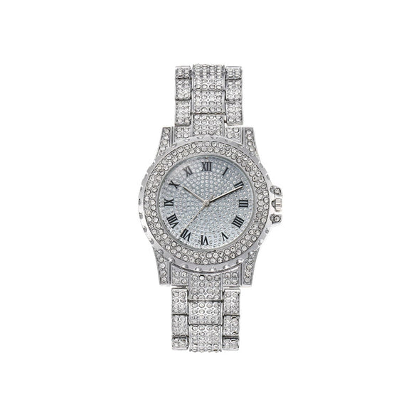 Women's Alloy And Stainless Steel Diamondencrusted Fashion Quartz Watch With Round Roman Dial