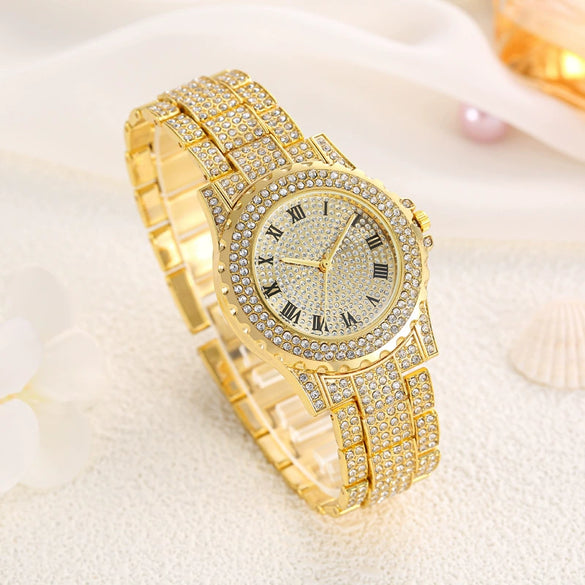 Women's Alloy And Stainless Steel Diamondencrusted Fashion Quartz Watch With Round Roman Dial