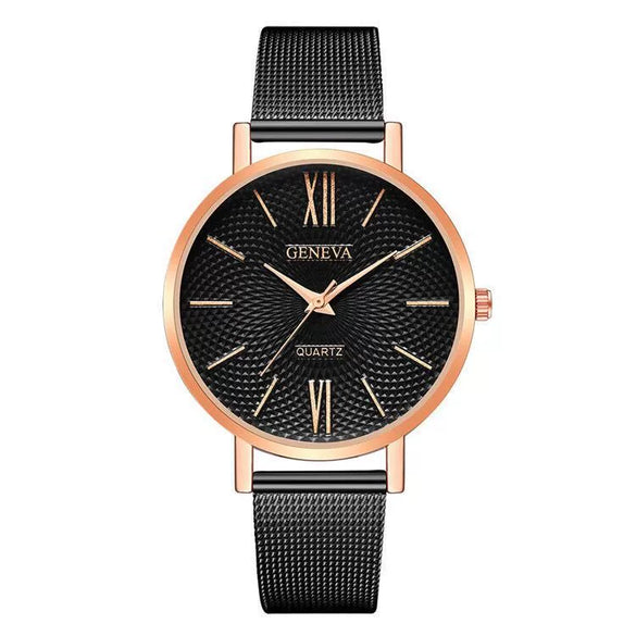 Women's Alloy And Stainless Steel Fashion Printed Round Dial Quartz Watch With Mesh Band