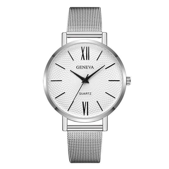 Women's Alloy And Stainless Steel Fashion Printed Round Dial Quartz Watch With Mesh Band