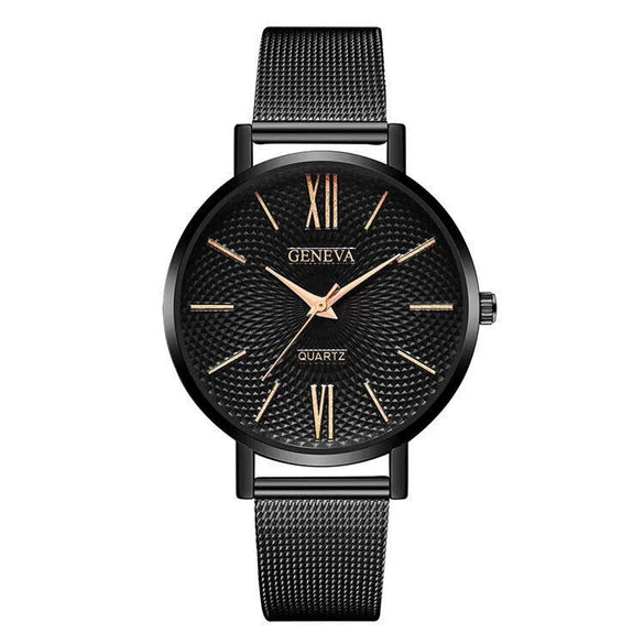 Women's Alloy And Stainless Steel Fashion Printed Round Dial Quartz Watch With Mesh Band
