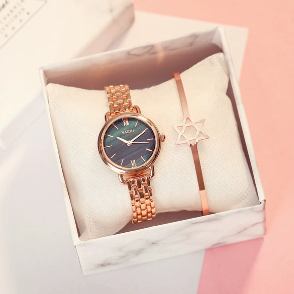Women's Alloy And Stainless Steel Marble Band Quartz Watch Round Dial Printed Logo Leisure Style