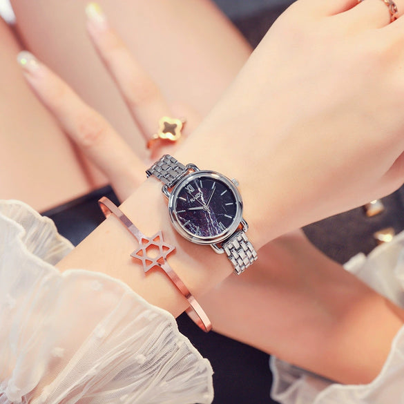 Women's Alloy And Stainless Steel Marble Band Quartz Watch Round Dial Printed Logo Leisure Style