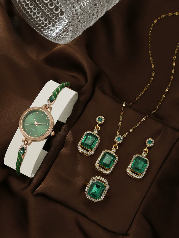 Women's Alloy And Stainless Steel Quartz Watch Bracelet Necklace Set With Round Dial Fashion Style
