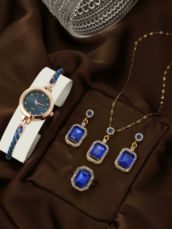 Women's Alloy And Stainless Steel Quartz Watch Bracelet Necklace Set With Round Dial Fashion Style