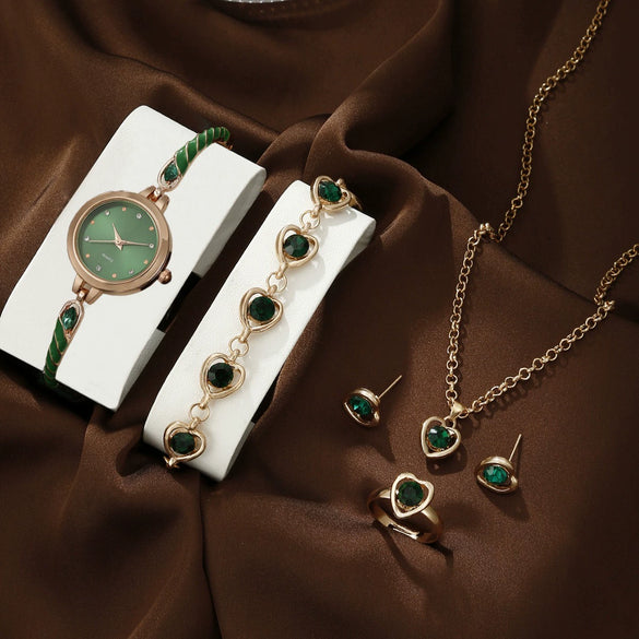 Women's Alloy And Stainless Steel Quartz Watch Bracelet Necklace Set With Round Dial Fashion Style