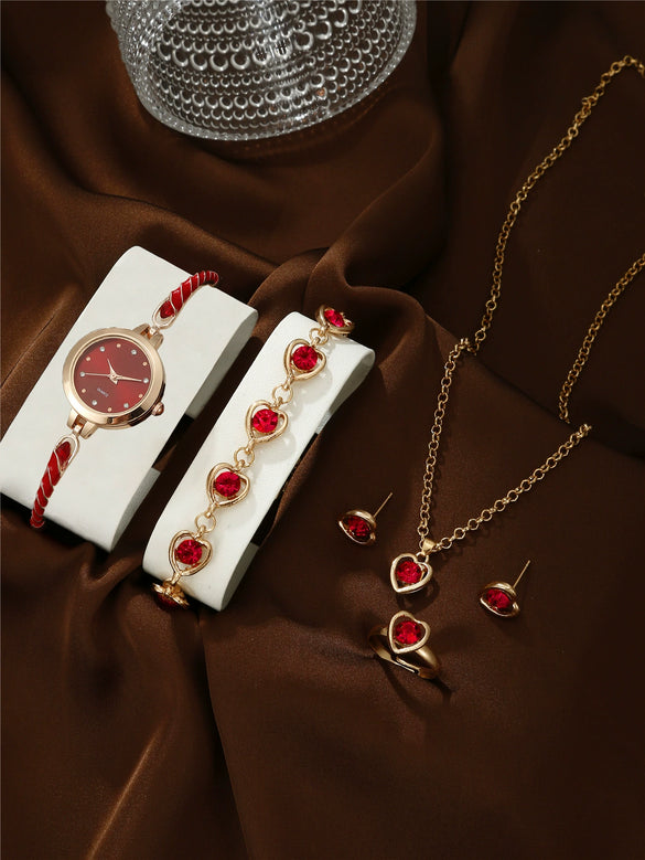 Women's Alloy And Stainless Steel Quartz Watch Bracelet Necklace Set With Round Dial Fashion Style