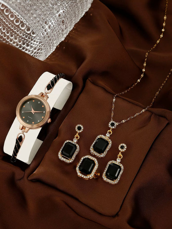 Women's Alloy And Stainless Steel Quartz Watch Bracelet Necklace Set With Round Dial Fashion Style