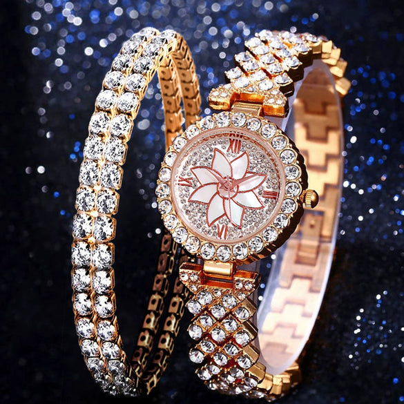 Women's Alloy And Stainless Steel Round Dial Diamond Mixed Scale Quartz Watch And Gypsophila Bracelet Fashion Gift Set
