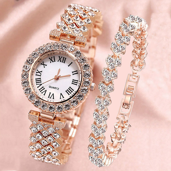Women's Alloy And Stainless Steel Round Dial Diamond Mixed Scale Quartz Watch And Gypsophila Bracelet Fashion Gift Set