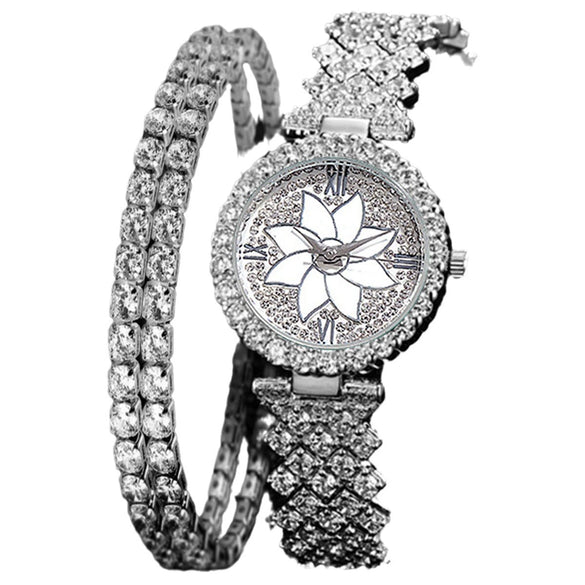 Women's Alloy And Stainless Steel Round Dial Diamond Mixed Scale Quartz Watch And Gypsophila Bracelet Fashion Gift Set