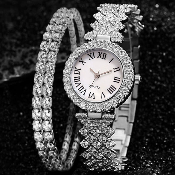 Women's Alloy And Stainless Steel Round Dial Diamond Mixed Scale Quartz Watch And Gypsophila Bracelet Fashion Gift Set