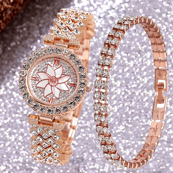 Women's Alloy And Stainless Steel Round Dial Diamond Mixed Scale Quartz Watch And Gypsophila Bracelet Fashion Gift Set