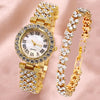 Women's Alloy And Stainless Steel Round Dial Diamond Mixed Scale Quartz Watch And Gypsophila Bracelet Fashion Gift Set