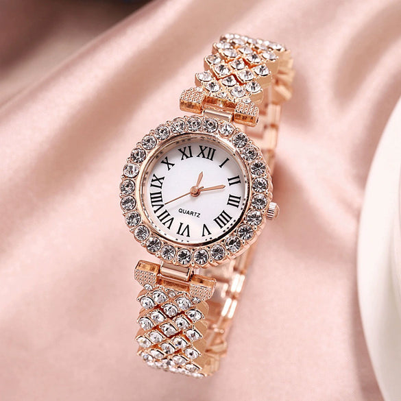 Women's Alloy And Stainless Steel Round Dial Diamond Mixed Scale Quartz Watch And Gypsophila Bracelet Fashion Gift Set