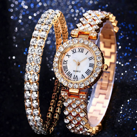 Women's Alloy And Stainless Steel Round Dial Diamond Mixed Scale Quartz Watch And Gypsophila Bracelet Fashion Gift Set
