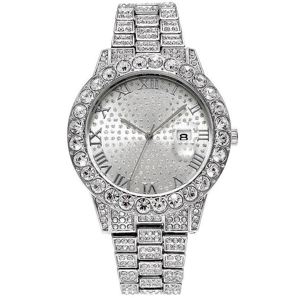 Women's Alloy And Stainless Steel Round Hiphop Fashion Calendar Quartz Watch With Explosion Diamond