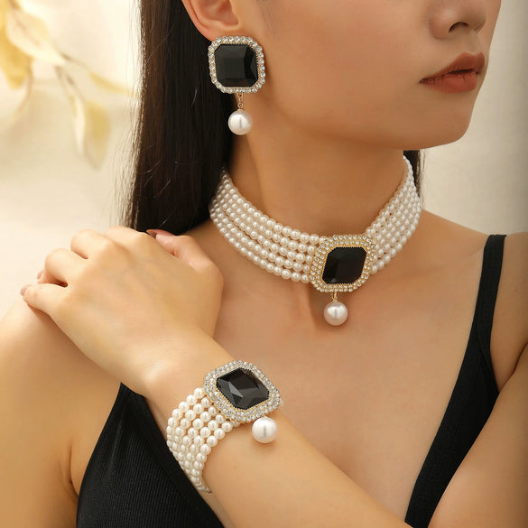 Women's Alloy Artificial Crystal Geometric Double Layer Imitation Pearl Oval Square Necklace Earring Bracelet Three Piece Set