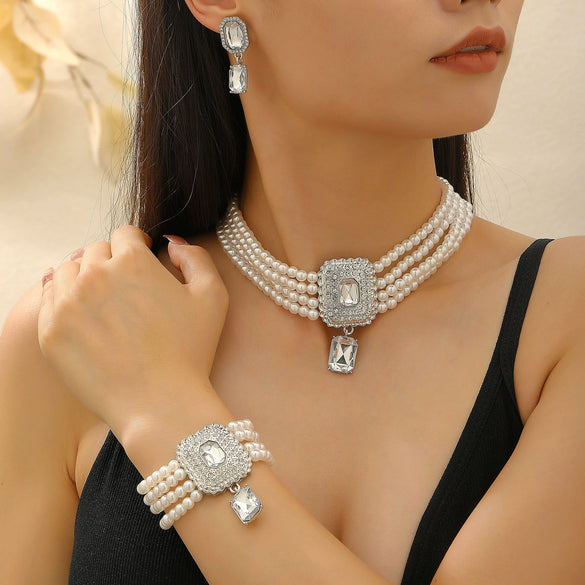Women's Alloy Artificial Crystal Geometric Double Layer Imitation Pearl Oval Square Necklace Earring Bracelet Three Piece Set