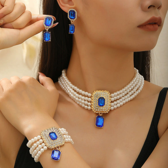 Women's Alloy Artificial Crystal Geometric Double Layer Imitation Pearl Oval Square Necklace Earring Bracelet Three Piece Set