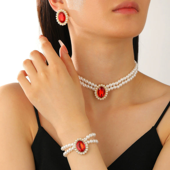 Women's Alloy Artificial Crystal Geometric Double Layer Imitation Pearl Oval Square Necklace Earring Bracelet Three Piece Set