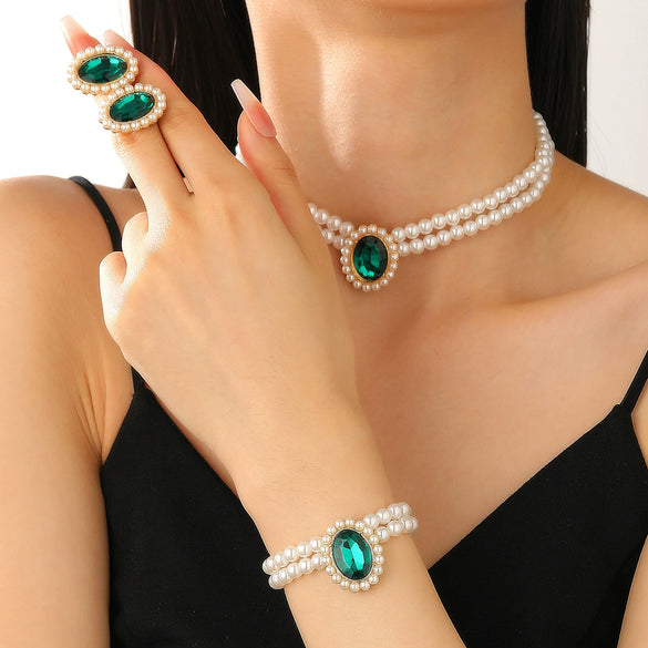 Women's Alloy Artificial Crystal Geometric Double Layer Imitation Pearl Oval Square Necklace Earring Bracelet Three Piece Set