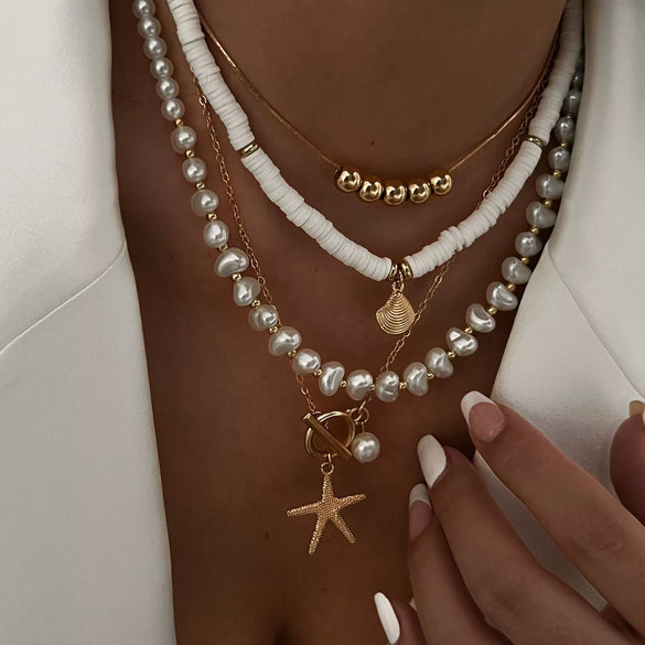 Women's Alloy Ball Chain Necklace With Star Pattern And Electroplating Featuring Irregular Shell And Starfish Beads