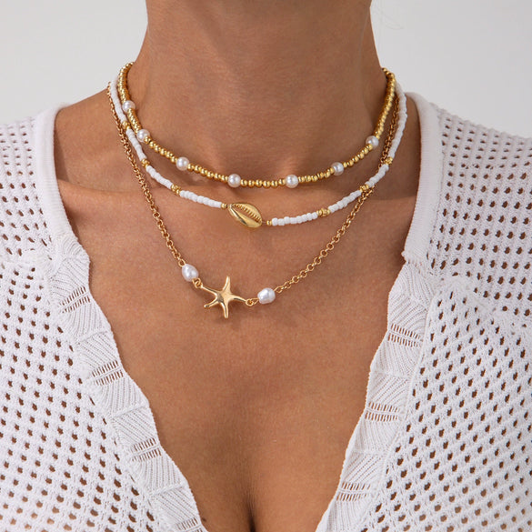 Women's Alloy Ball Chain Necklace With Star Pattern And Electroplating Featuring Irregular Shell And Starfish Beads