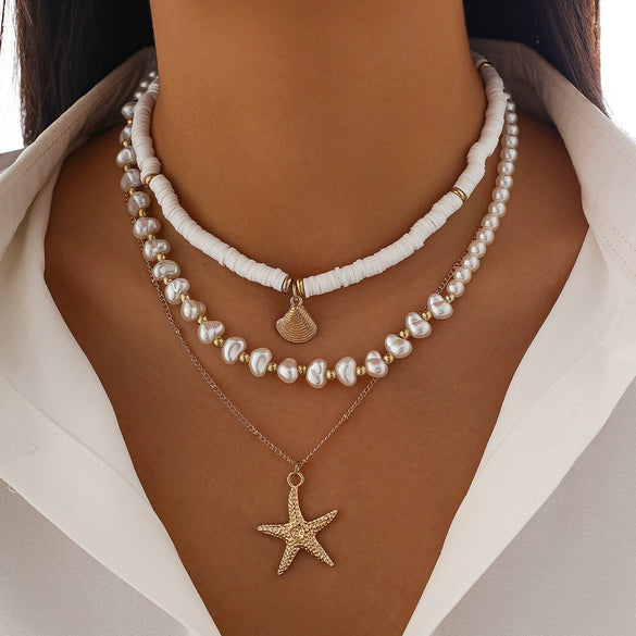 Women's Alloy Ball Chain Necklace With Star Pattern And Electroplating Featuring Irregular Shell And Starfish Beads