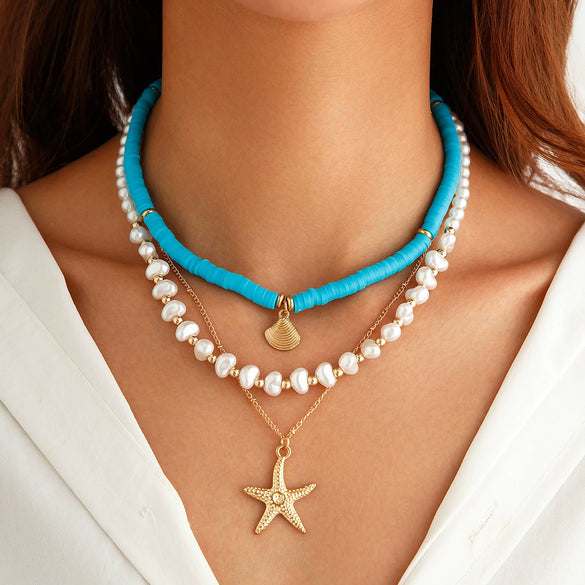 Women's Alloy Ball Chain Necklace With Star Pattern And Electroplating Featuring Irregular Shell And Starfish Beads