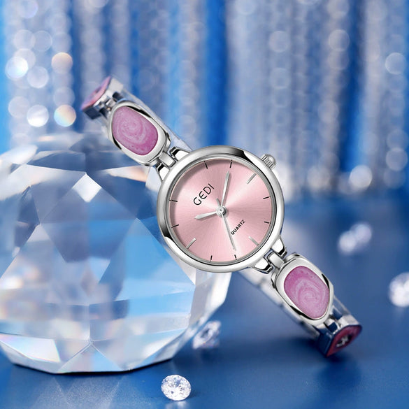 Women's Alloy Band And Case Fashion Light Luxury Disc Elegant Quartz Watch With Sun Pattern And Spiral Crown