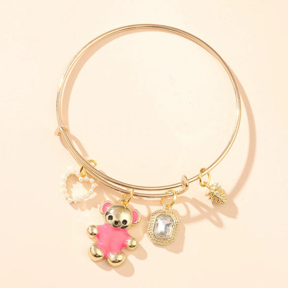 Women's Alloy Bear Bracelet With The Crown Pattern And Microinlay Process In Hot Pink Color