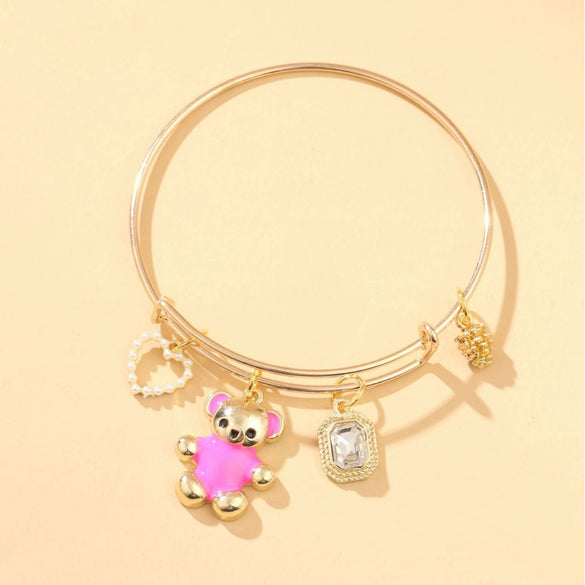 Women's Alloy Bear Bracelet With The Crown Pattern And Microinlay Process In Hot Pink Color