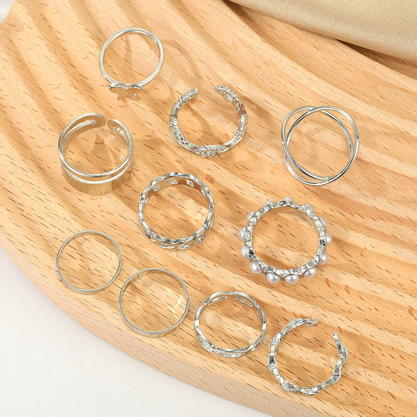 Women's Alloy Butterfly Pearl Ring Set With Geometric Style And Electroplating Treatment