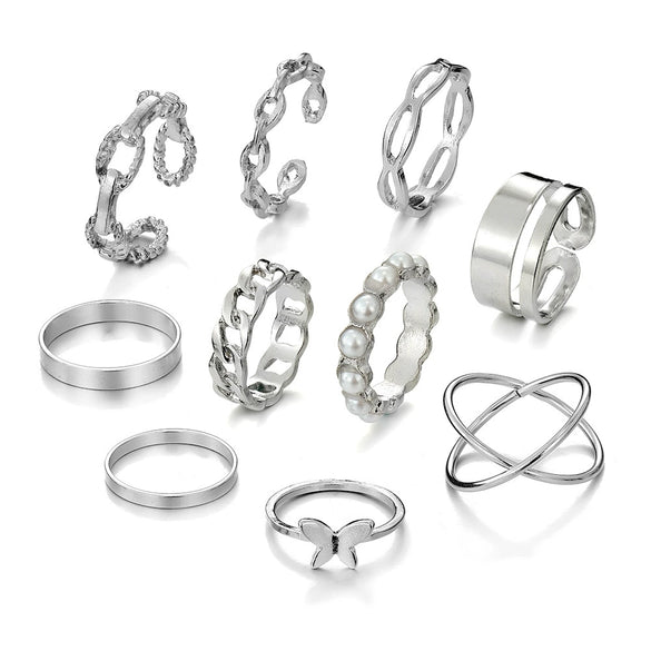 Women's Alloy Butterfly Pearl Ring Set With Geometric Style And Electroplating Treatment