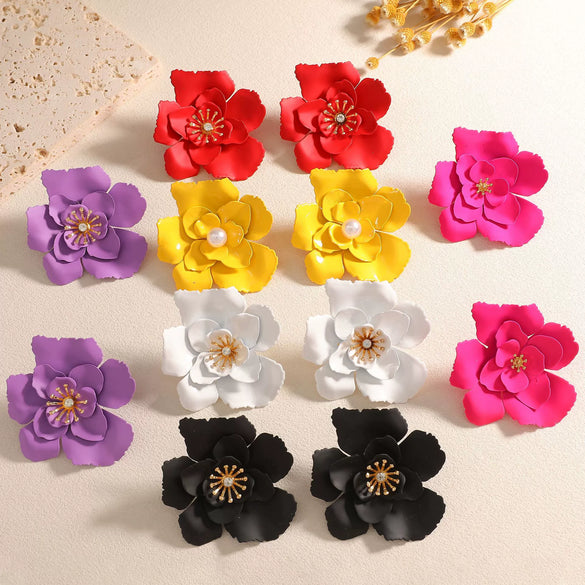 Women’s Alloy Camellia Flower Stud Earrings With Stainless Steel Ear Needles Electroplated Threedimensional Vintage Fashion Design