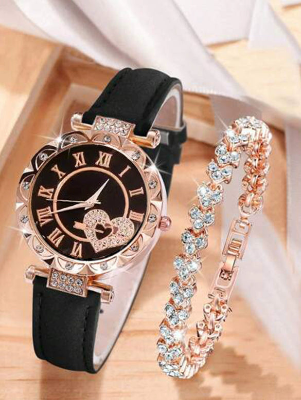 Women's Alloy Case And Strap Diamond Dial Quartz Watch Beaded Bracelet Set Round Dial Fashionable