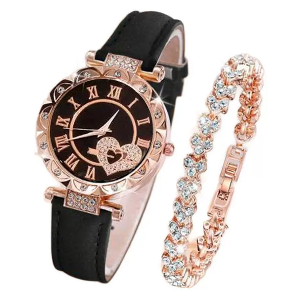 Women's Alloy Case And Strap Diamond Dial Quartz Watch Beaded Bracelet Set Round Dial Fashionable