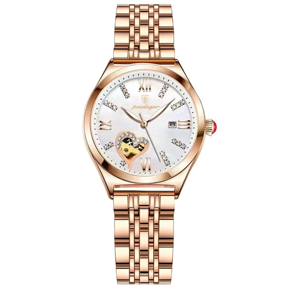 Women's Alloy Case Genuine Leather Strap Round Dial Swiss Certified Diamond Calendar Waterproof Luminous Leisure Watch