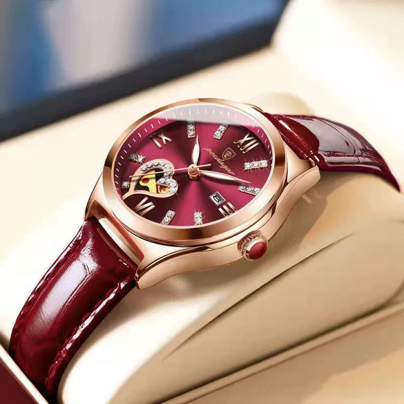 Women's Alloy Case Genuine Leather Strap Round Dial Swiss Certified Diamond Calendar Waterproof Luminous Leisure Watch