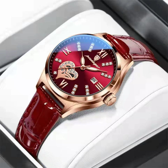 Women's Alloy Case Genuine Leather Strap Round Dial Swiss Certified Diamond Calendar Waterproof Luminous Leisure Watch
