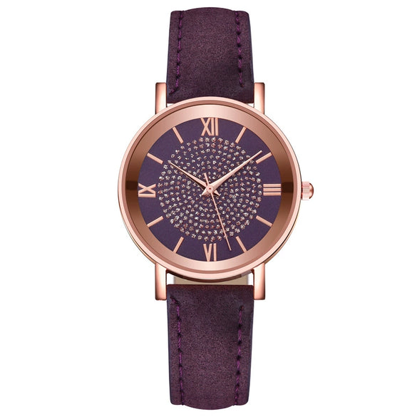 Women's Alloy Case Imitation Leather Strap Quartz Starry Rhinestone Round Dial Casual Watch
