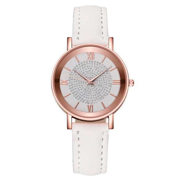 Women's Alloy Case Imitation Leather Strap Quartz Starry Rhinestone Round Dial Casual Watch