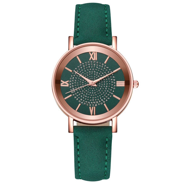 Women's Alloy Case Imitation Leather Strap Quartz Starry Rhinestone Round Dial Casual Watch
