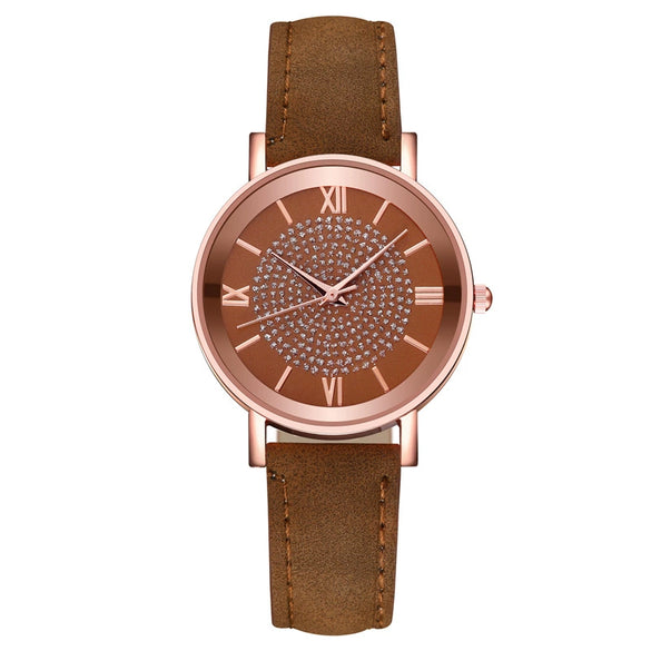 Women's Alloy Case Imitation Leather Strap Quartz Starry Rhinestone Round Dial Casual Watch