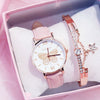 Women's Alloy Case Imitation Leather Strap Quartz Watch With Butterfly Dial And Star Bracelet Leisure Style
