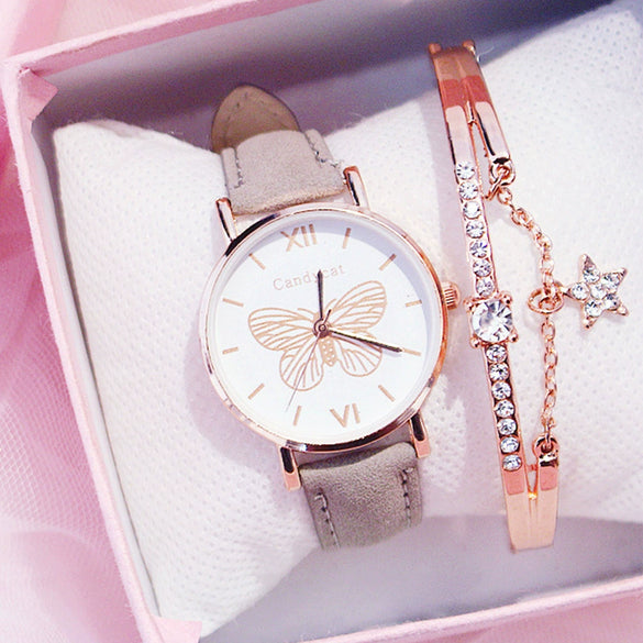 Women's Alloy Case Imitation Leather Strap Quartz Watch With Butterfly Dial And Star Bracelet Leisure Style