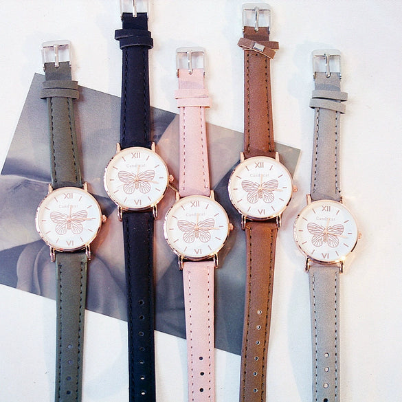 Women's Alloy Case Imitation Leather Strap Quartz Watch With Butterfly Dial And Star Bracelet Leisure Style