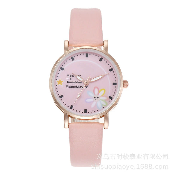 Women's Alloy Case Imitation Leather Strap Round Dial Daisy Pattern Leisure Watch